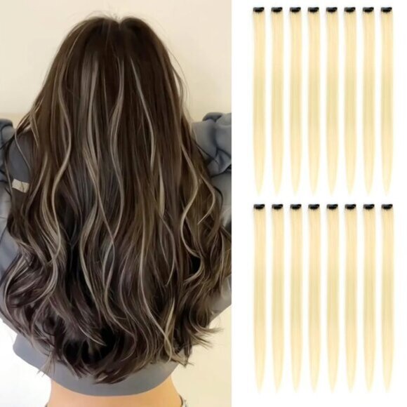20 Inch Blonde Clip-in Hair Extensions, Synthetic Colored Highlights for Parties - Picture 1 of 8